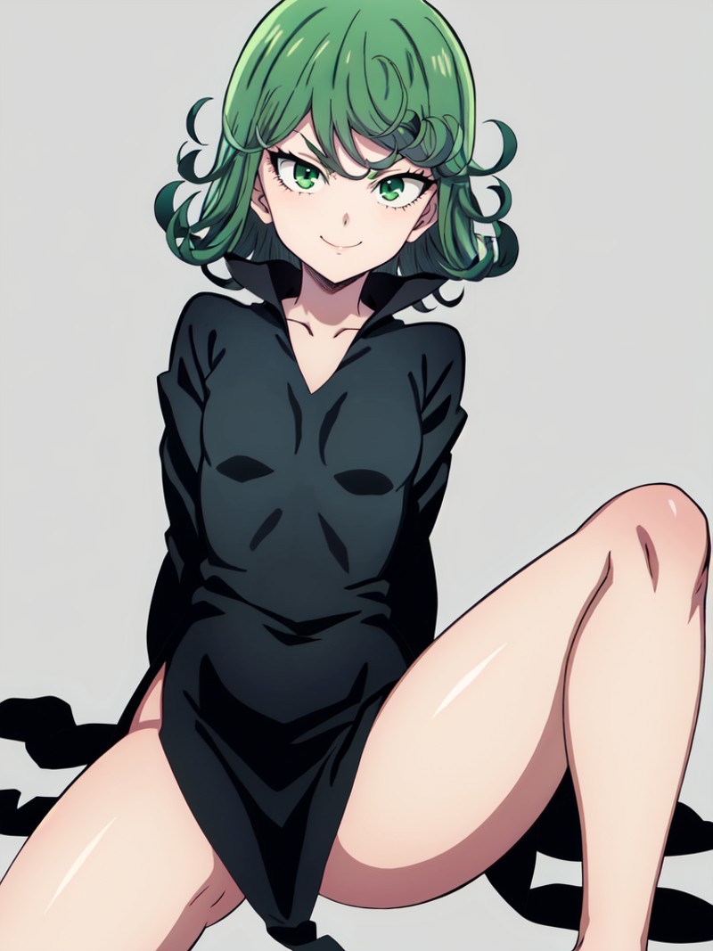 1girl, tatsumaki, solo, green eyes, looking at viewer, short hair, black dress, long sleeves, sitting, (spread legs:1.2), ...